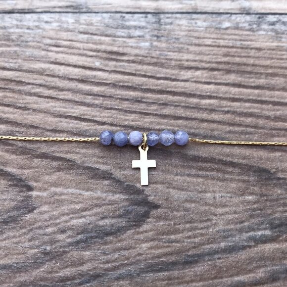 Beaded Cross necklace, gold, Easter gift, Christian gift, minimalist, gemstone, - Picture 2 of 6
